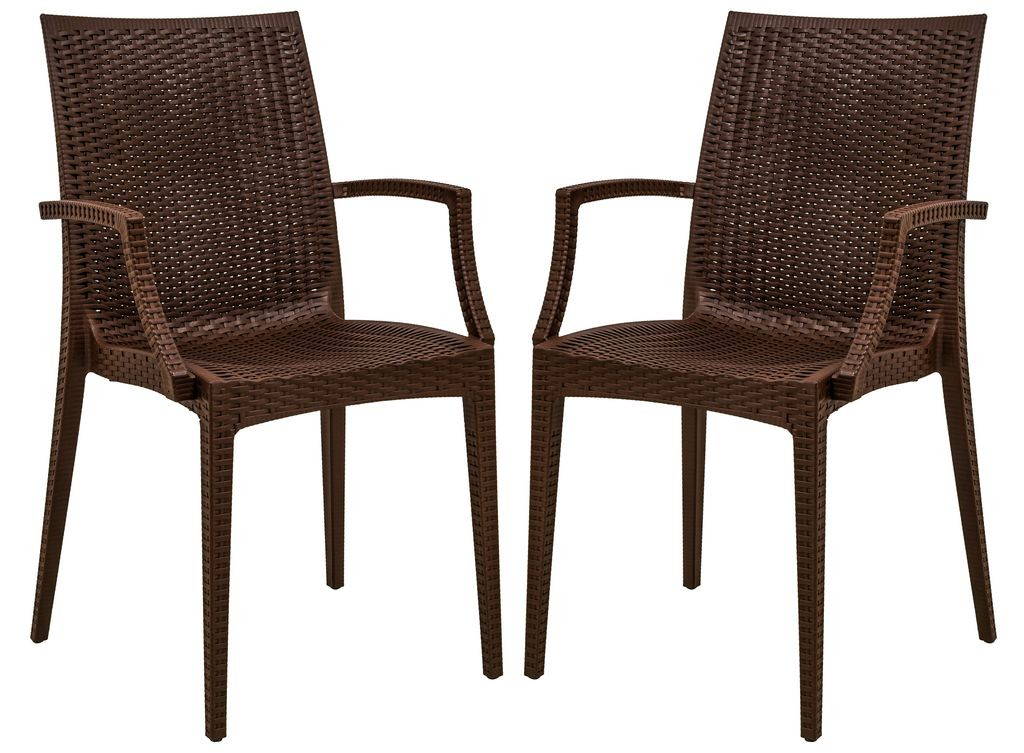 LeisureMod Weave Mace Indoor/Outdoor Chair (With Arms), Set of 2 Brown