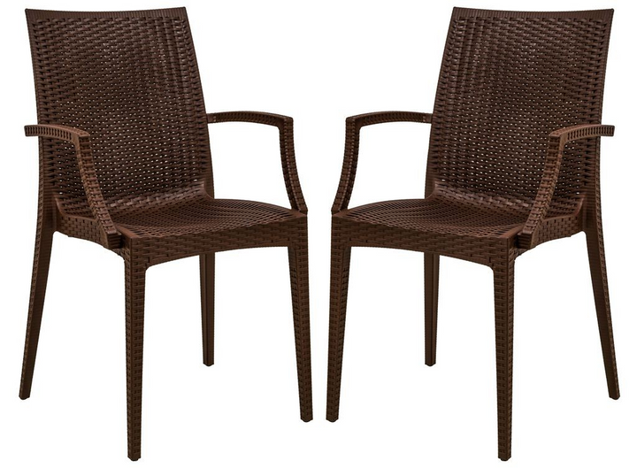 LeisureMod Weave Mace Indoor/Outdoor Chair (With Arms), Set of 2 Brown