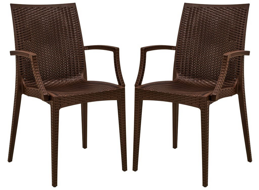 LeisureMod Weave Mace Indoor/Outdoor Chair (With Arms), Set of 2 Brown
