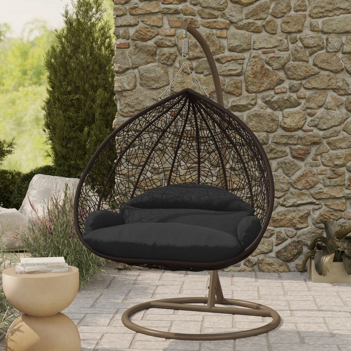 Leisuremod Recluse Collection Modern Outdoor Swing Chair Brown Frame with ES57 Black Cushion Photo.