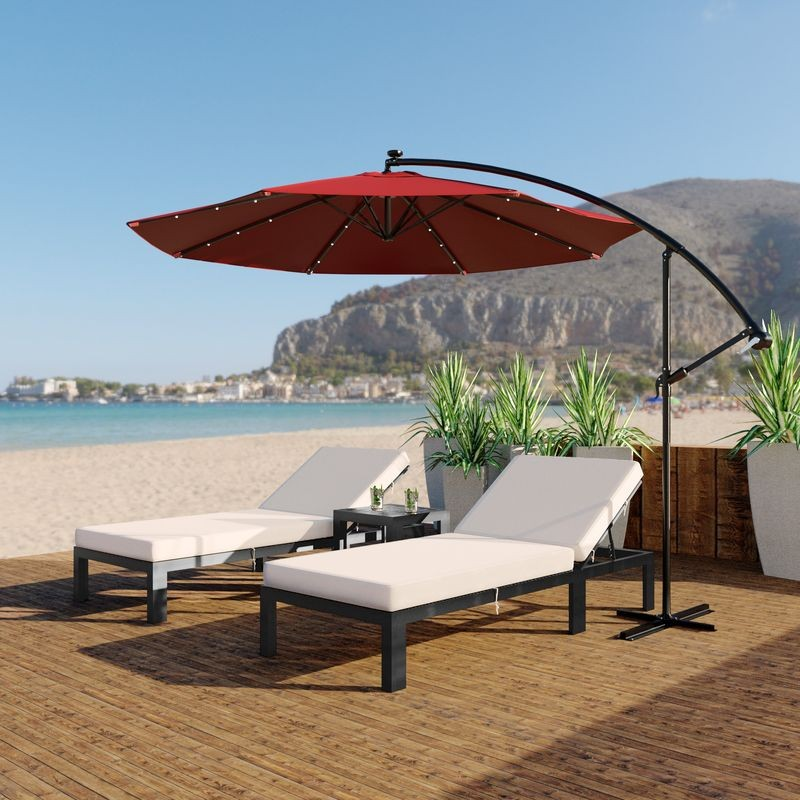 LeisureMod Willry Modern Outdoor 10 Ft Offset Cantilever Hanging Patio Umbrella with Solar Powered LED Red Outside.
