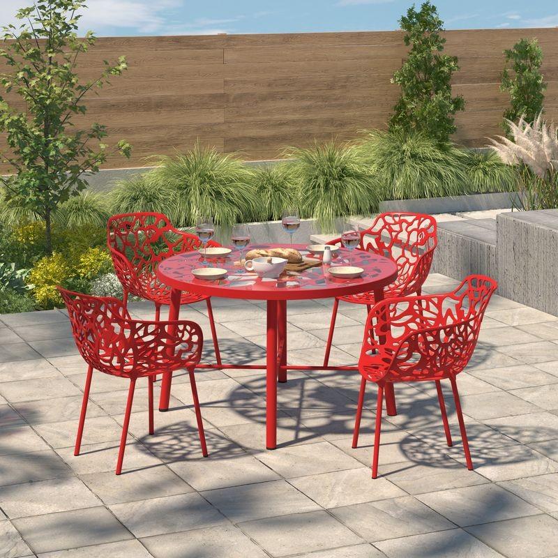 LeisureMod Devon Tree Design Glass Top Aluminum Base Indoor Outdoor Dining Table Red with Background.
