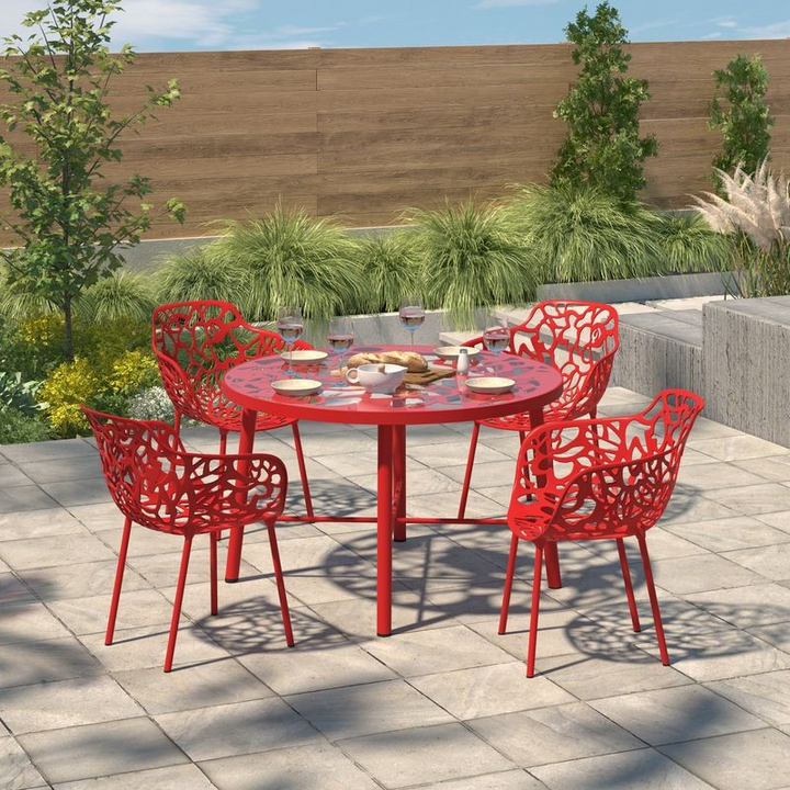 LeisureMod Devon Tree Design Glass Top Aluminum Base Indoor Outdoor Dining Table Red with Background.