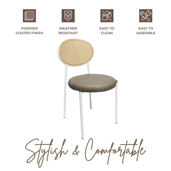 Chair with rattan backrest and cushioned seat on a white background with feature icons and text.