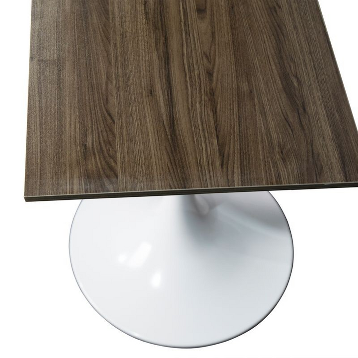 LeisureMod Verve Collection 24 Square Dining Table, White Base with Dark Maple MDF Top View.