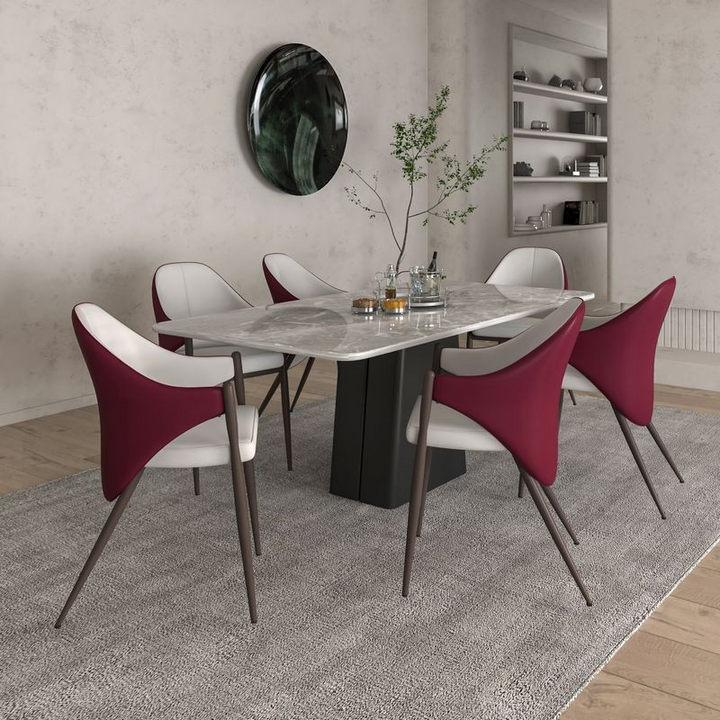 Leisuremod Sante Collection Modern Dining Chair in White/Bordeaux at Table.