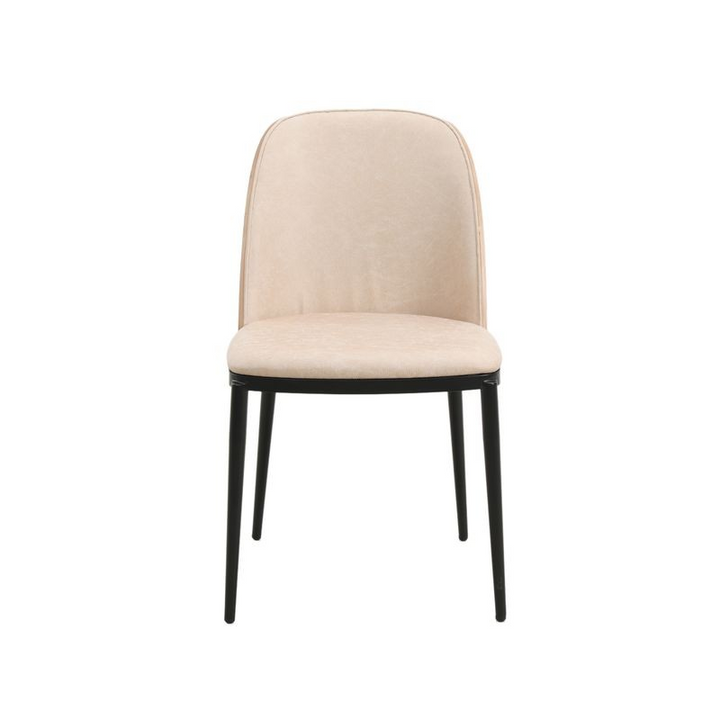 LeisureMod Tule Mid-Century Modern Dining Side Chair with Leather Seat and Powder-Coated Steel Frame for Kitchen and Dining Room Walnut/Light Brown Front View.