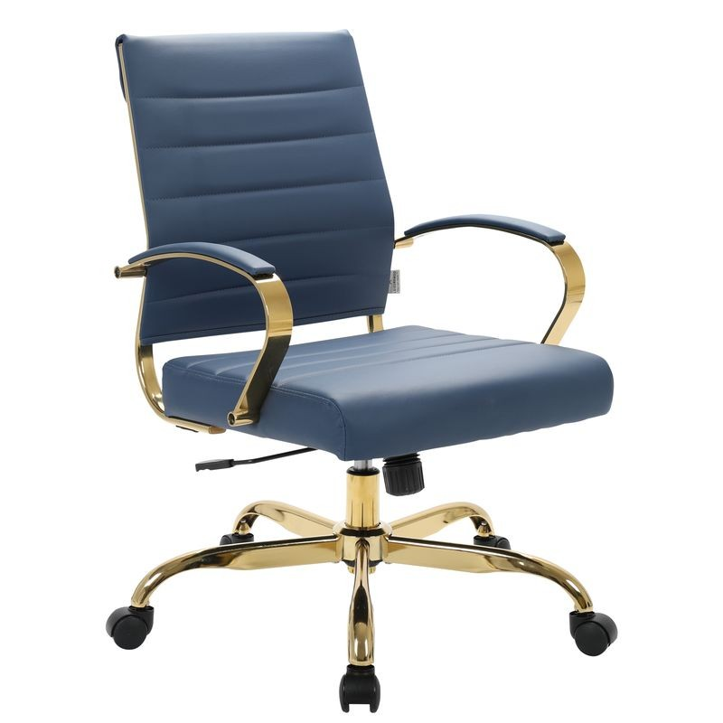 LeisureMod Benmar Home Leather Office Chair with Gold Frame Navy Blue