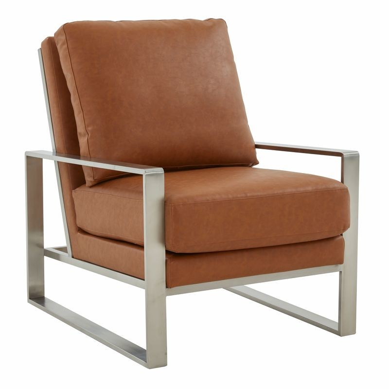 LeisureMod Jefferson Leather Modern Design Accent Armchair with Elegant Silver Frame Cognac Tan Angled View.