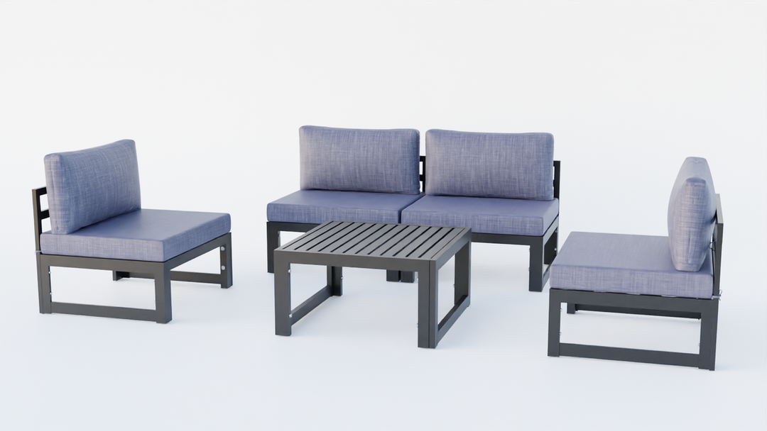 LeisureMod Chelsea 5-Piece Middle Patio Chairs and Coffee Table Set Black Aluminum with Cushions Blue Photo.