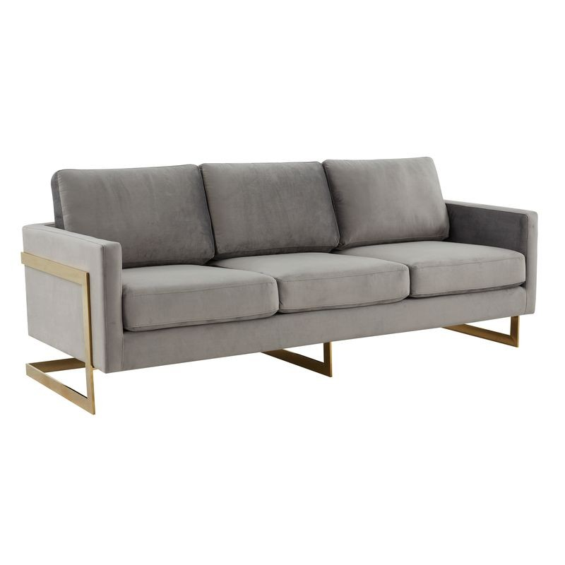 LeisureMod Lincoln Modern Mid-Century Upholstered Velvet Sofa with Gold Frame Light Grey
