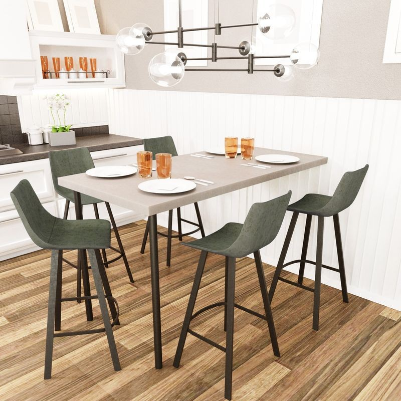 LeisureMod Elland Modern Upholstered Leather Bar Stool with Iron Legs and Footrest at Table.