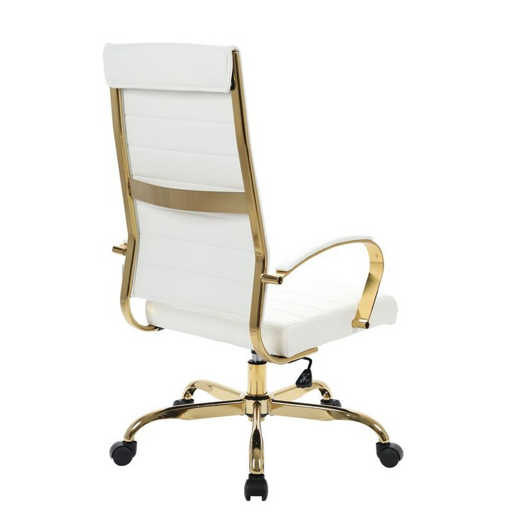 LeisureMod Benmar High-Back Leather Office Chair with Gold Frame White Back Photo.