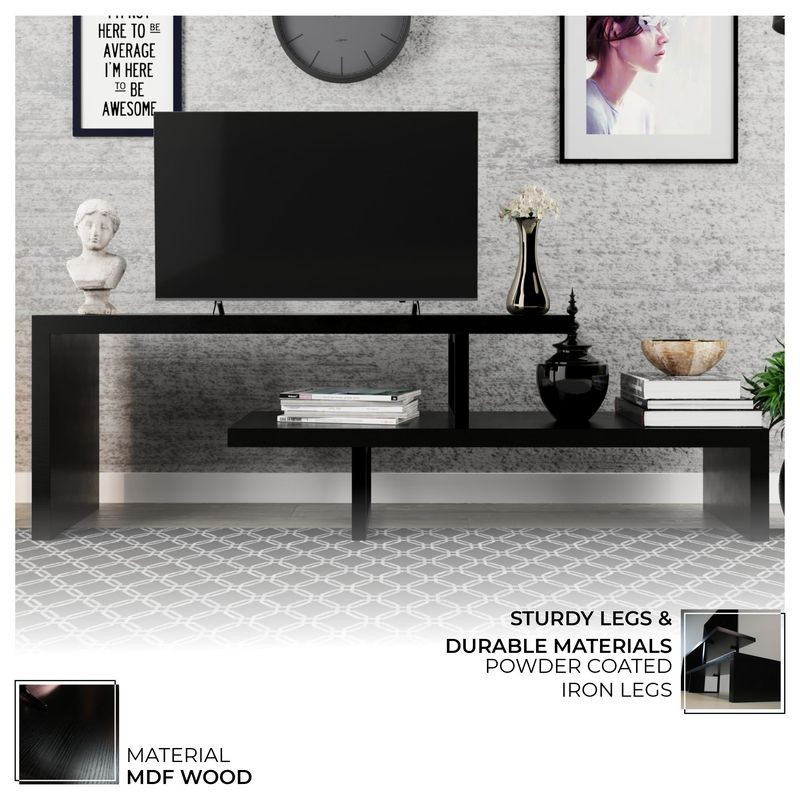 LeisureMod Orford Mid-Century Modern TV Stand with MDF Shelves and Powder Coated Iron Legs in Ebony Details.