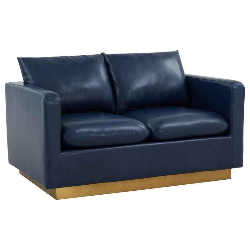 LeisureMod Nervo Modern Mid-Century Upholstered Faux Leather Loveseat with Gold Frame Navy Blue