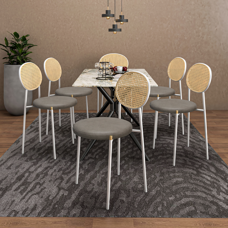 LeisureMod Euston Modern Wicker Dining Chair with White Frame and Leather Seat in Taupe Set of 2 at Table.
