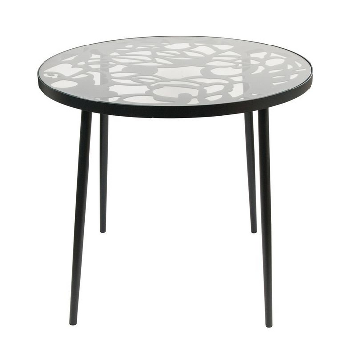 LeisureMod Devon Tree Design Glass Top Aluminum Base Indoor Outdoor Bistro Dining Table Black