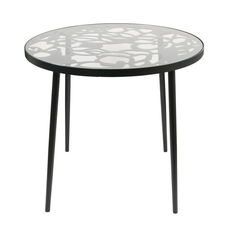 LeisureMod Devon Tree Design Glass Top Aluminum Base Indoor Outdoor Bistro Dining Table Black