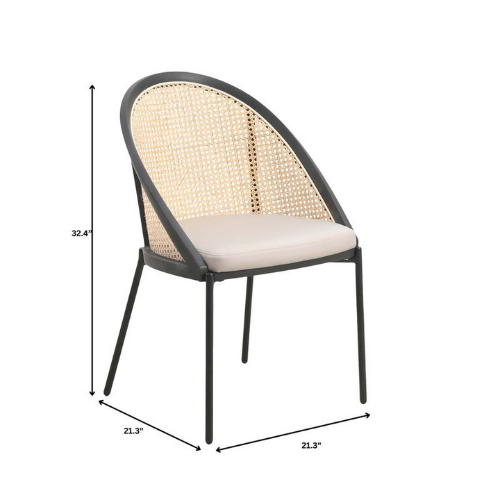 Chair with wicker backrest and beige cushion, shown with dimensions on a white background.