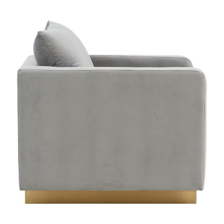 LeisureMod Nervo Velvet Accent Armchair with Gold Frame Light Grey Side View