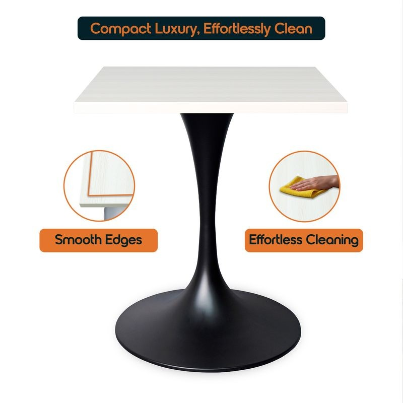 LeisureMod Verve Collection 24 Square Dining Table, Black Base with Light Natural Wood MDF Top Details.