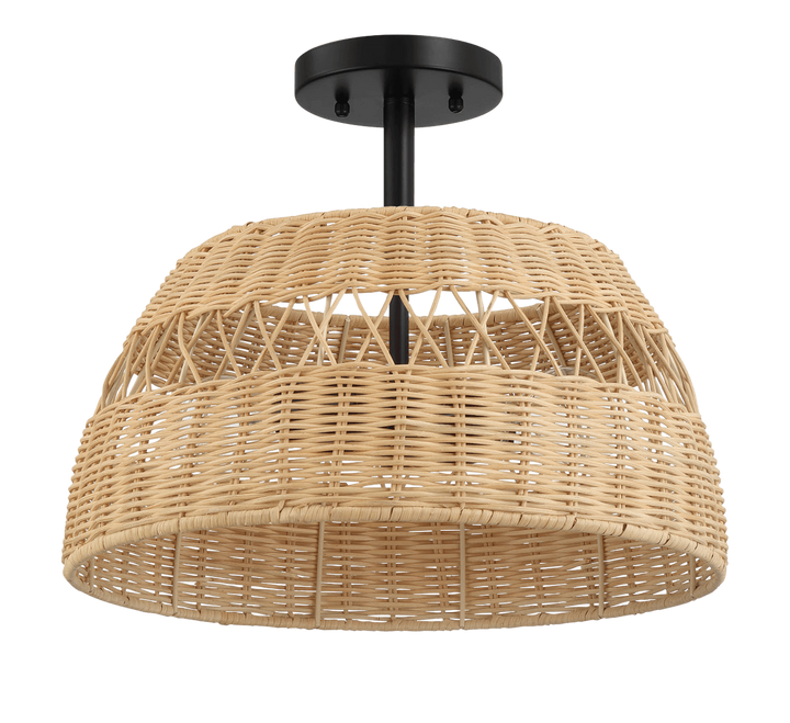 Twinkle Double Lights Semi Flush With Rattan Shade Black Metal Finish for Farmhouse Style