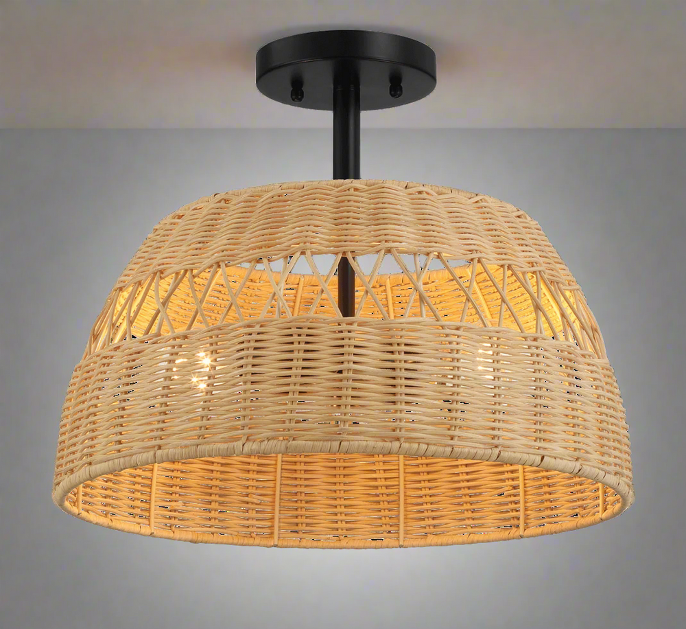 Twinkle Double Lights Semi Flush with Rattan Shade Black Metal Finish for Farmhouse Style Front