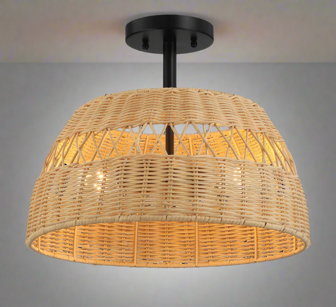 Twinkle Double Lights Semi Flush with Rattan Shade Black Metal Finish for Farmhouse Style Front