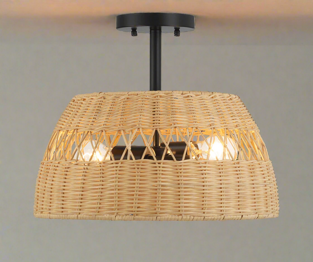 Twinkle Double Lights Semi Flush with Rattan Shade Black Metal Finish for Farmhouse Style Side View