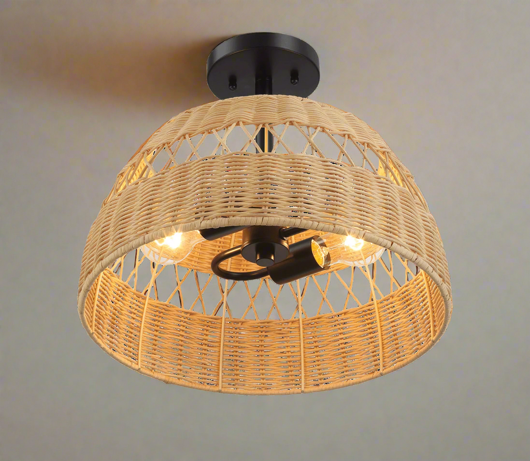 Twinkle Double Lights Semi Flush with Rattan Shade Black Metal Finish for Farmhouse Style Underside