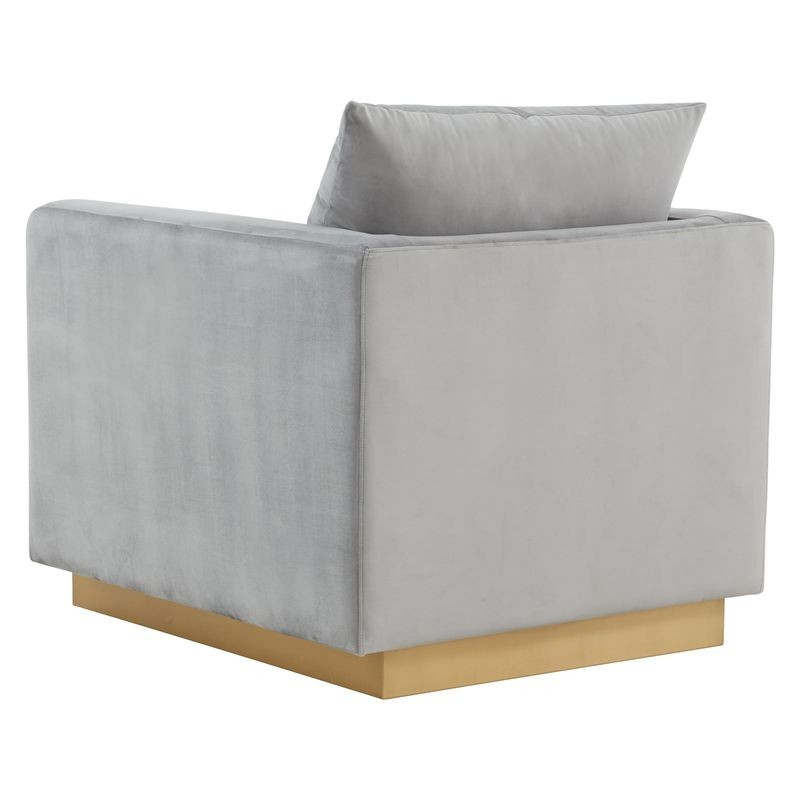 LeisureMod Nervo Velvet Accent Armchair with Gold Frame Light Grey Back View.