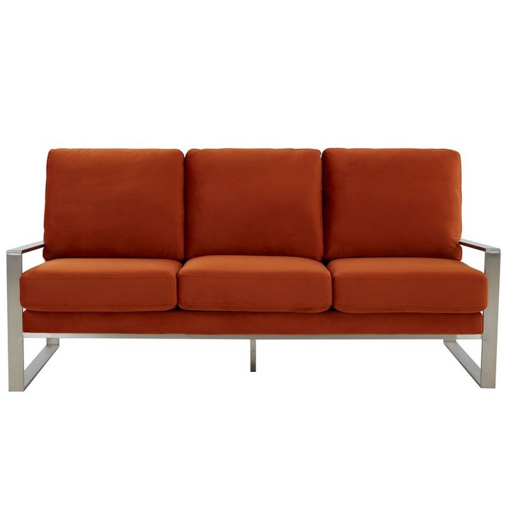 LeisureMod Jefferson Contemporary Modern Design Velvet Sofa with Silver Frame Orange Front Photo.