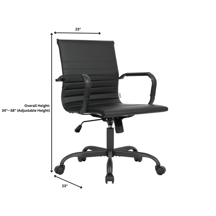 Black office chair with adjustable height dimensions on a white background.