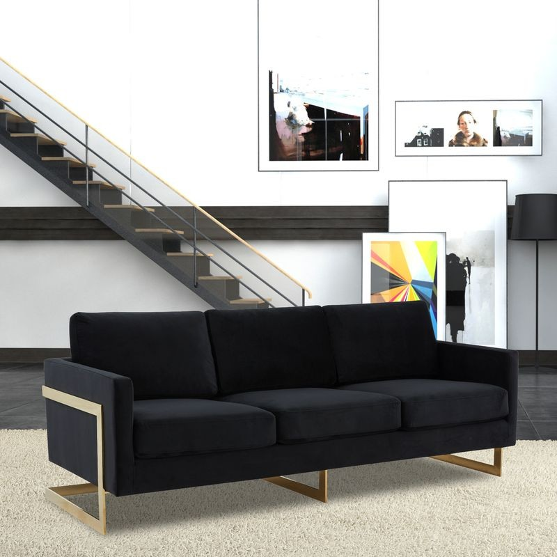 LeisureMod Lincoln Modern Mid-Century Upholstered Velvet Sofa with Gold Frame Black with Background.