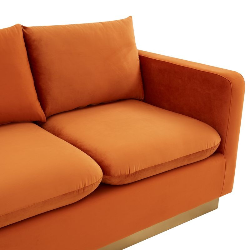 LeisureMod Nervo Modern Mid-Century Upholstered Velvet Sofa with Gold Frame Orange Marmalade Closeup.