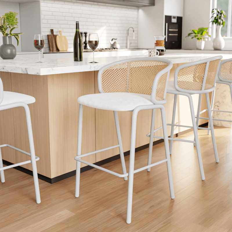 LeisureMod Ervilla Mid-Century Modern Wicker Bar Stool with Fabric Seat and White Powder Coated Steel Frame for Kitchen and Dining Room in White at Bar.