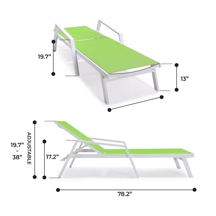 LeisureMod Marlin Patio Chaise Lounge Chair with Armrests in White Aluminum Frame Green Dimensions.
