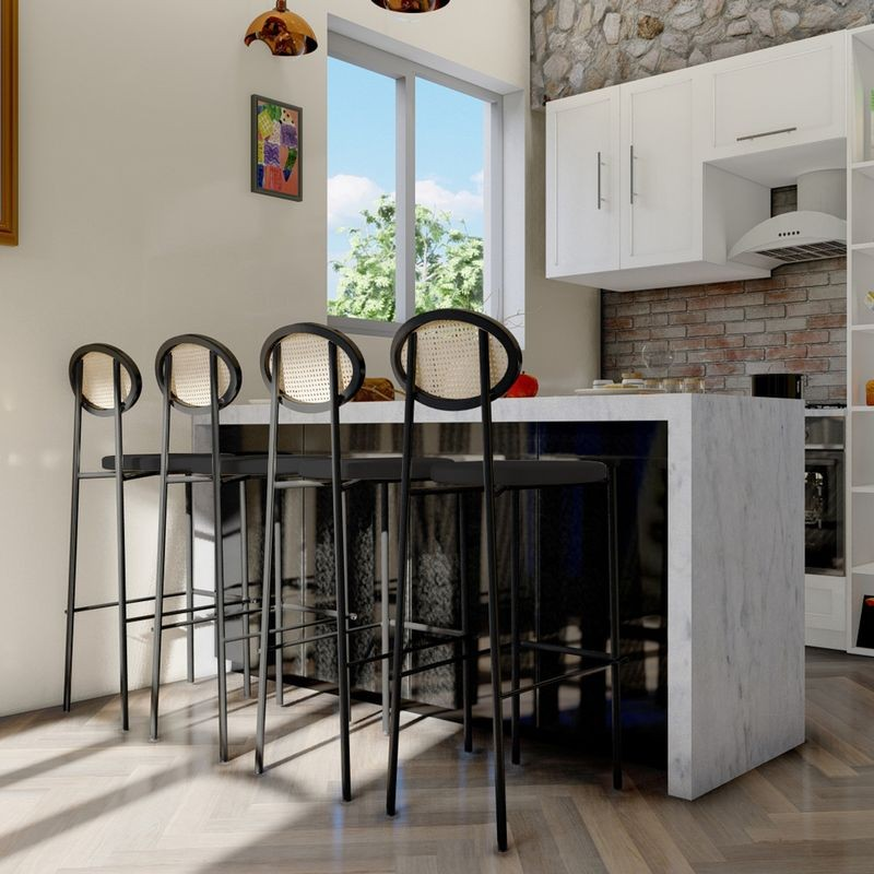 LeisureMod Euston Modern Wicker Bar Stool with Black Steel Frame in Black at Bar.