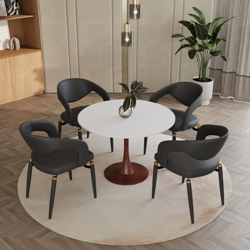 LeisureMod Bristol 40" Round Dining Table Wood Transfer Walnut Base with MDF White Top in Room.