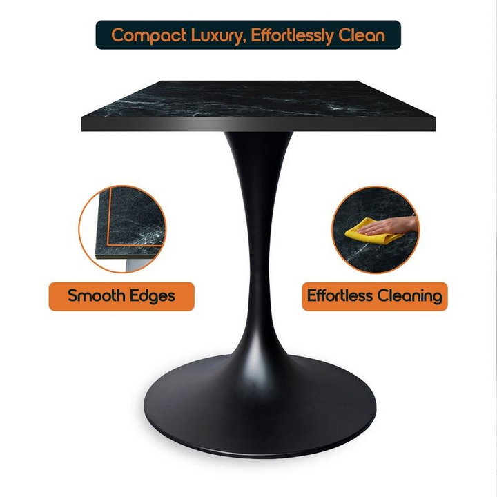LeisureMod Verve Collection 24 Square Dining Table, Black Base with Black MDF Top Details.