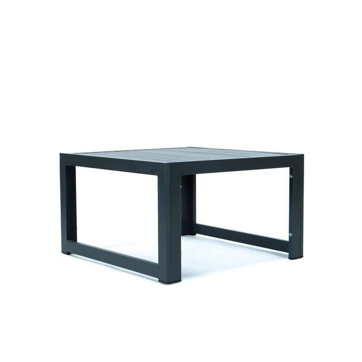 LeisureMod Chelsea 7-Piece Patio Sectional and Coffee Table Set Black Aluminum with Cushions Light Grey Table.