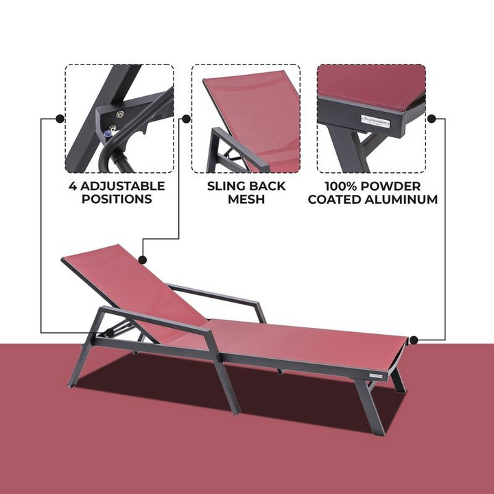LeisureMod Marlin Patio Chaise Lounge Chair with Armrests in Black Aluminum Frame Burgundy Details.