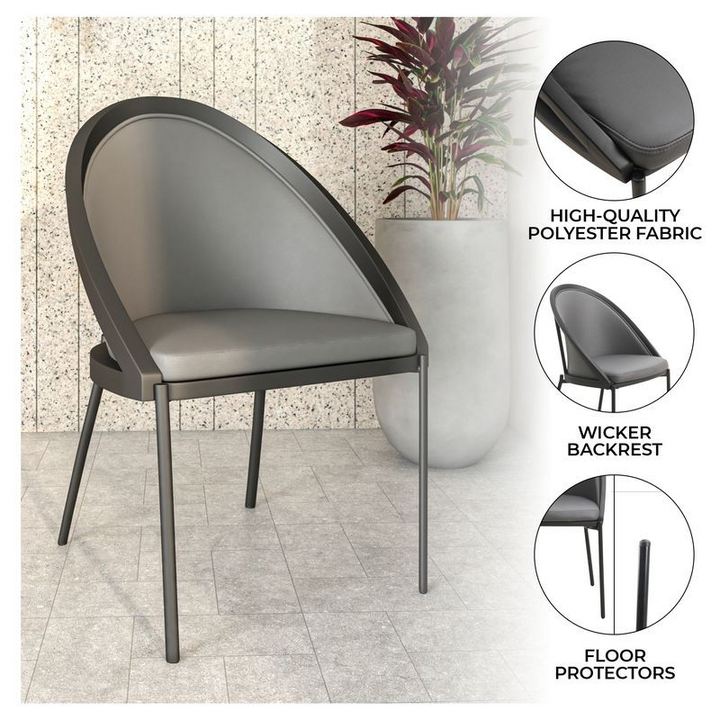 Gray chair with wicker backrest and high-quality polyester fabric, shown indoors.