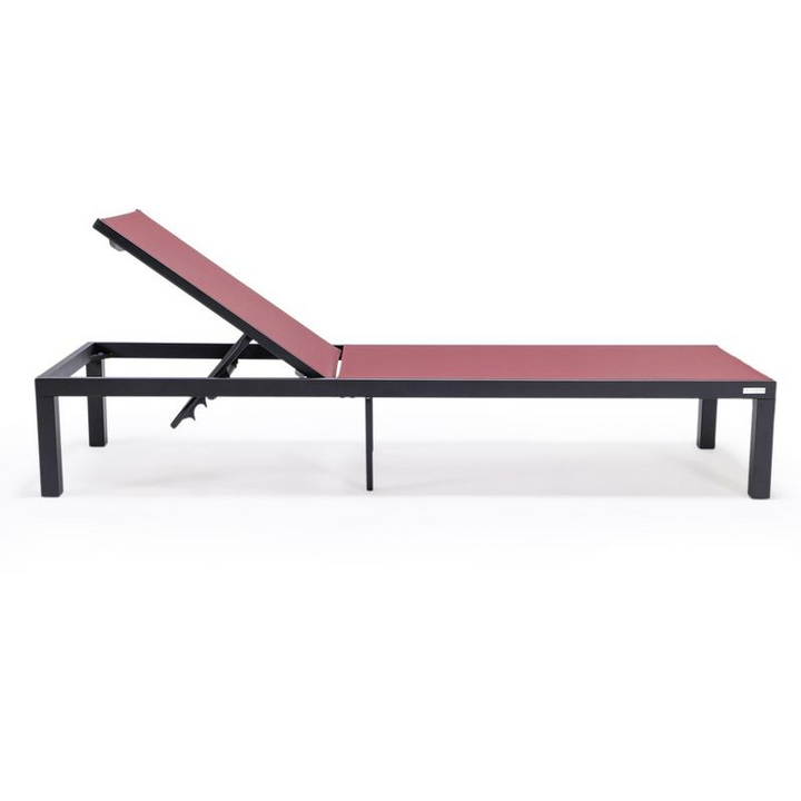 LeisureMod Marlin Patio Chaise Lounge Chair with Black Aluminum Frame Burgundy Side View.