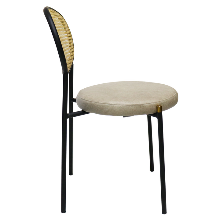 LeisureMod Euston Modern Wicker Dining Chair with Black Frame and Leather Seat in Taupe Side View.