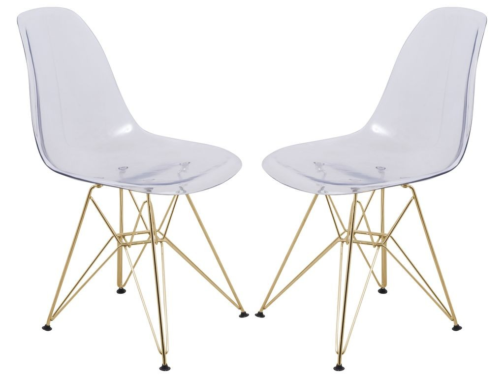 LeisureMod Cresco Molded Eiffel Side Chair with Gold Base, Set of 2 Clear