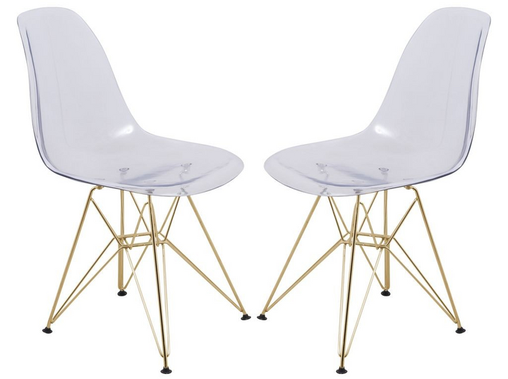 LeisureMod Cresco Molded Eiffel Side Chair with Gold Base, Set of 2 Clear