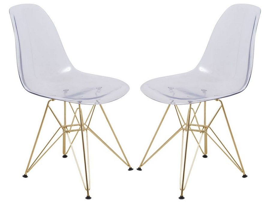 LeisureMod Cresco Molded Eiffel Side Chair with Gold Base, Set of 2 Clear