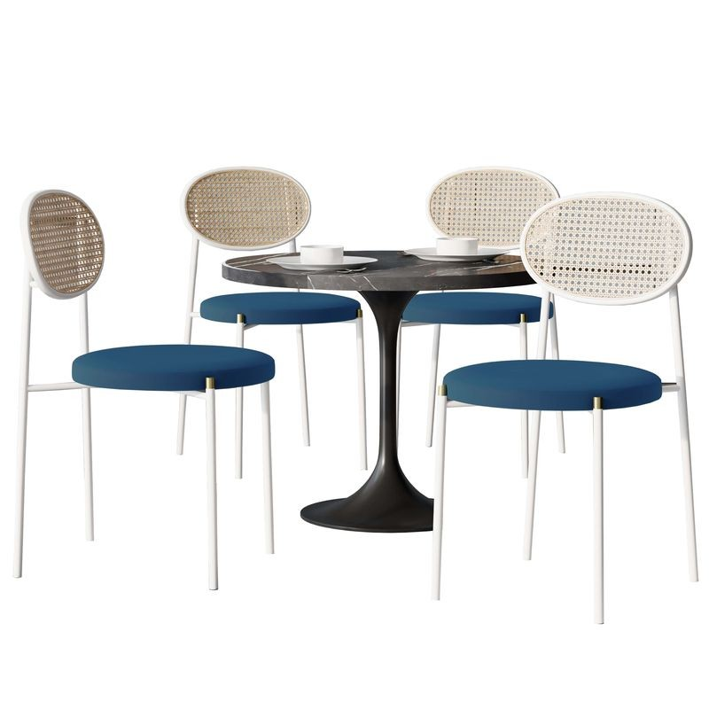LeisureMod 5-Piece Dining Set with 36" Round Dining Table Black Sintered Stone Top and Black Pedestal with 4 Velvet Dining Chairs in White Steel Legs in Navy Blue