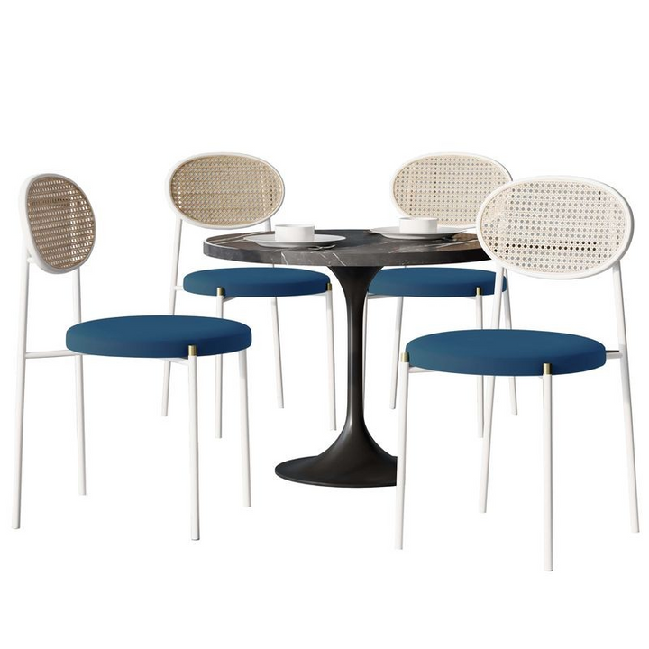 LeisureMod 5-Piece Dining Set with 36" Round Dining Table Black Sintered Stone Top and Black Pedestal with 4 Velvet Dining Chairs in White Steel Legs in Navy Blue